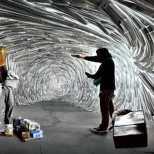 Prompt: a photo portrait of two homeless creating a time machine from aluminium cans and cardboard boxes. symmetry. awesome exposition. very detailed, professional lighting diffracted lightrays, 8 k, sense of awe