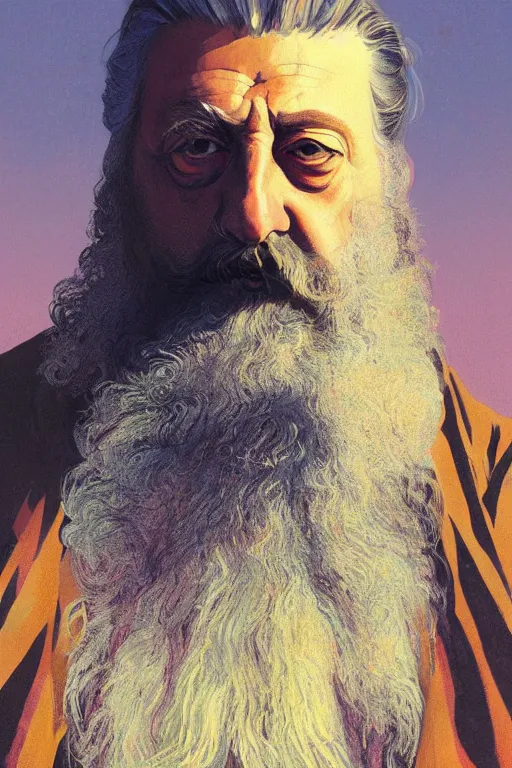 Prompt: a close-up portrait of Alan Moore, dramatic backlighting, golden hour, autochrome, high contrast, highly detailed, sharp focus, digital painting, concept art, illustration, rock, comicpunk, trending on artstation, art by greg rutkowski and Shepard Fairey, composition by alphonse mucha