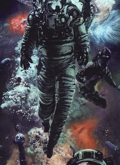 Image similar to astronauts in dark and empty void underwater - complex and hyperdetailed technical suit. reflection and dispersion materials. rays and dispersion of light. volumetric light. 5 0 mm, f / 3 2. noise film photo. flash photography. ultra realistic, wide angle. poster by wayne barlowe, hajime sorayama aaron horkey, craig mullins