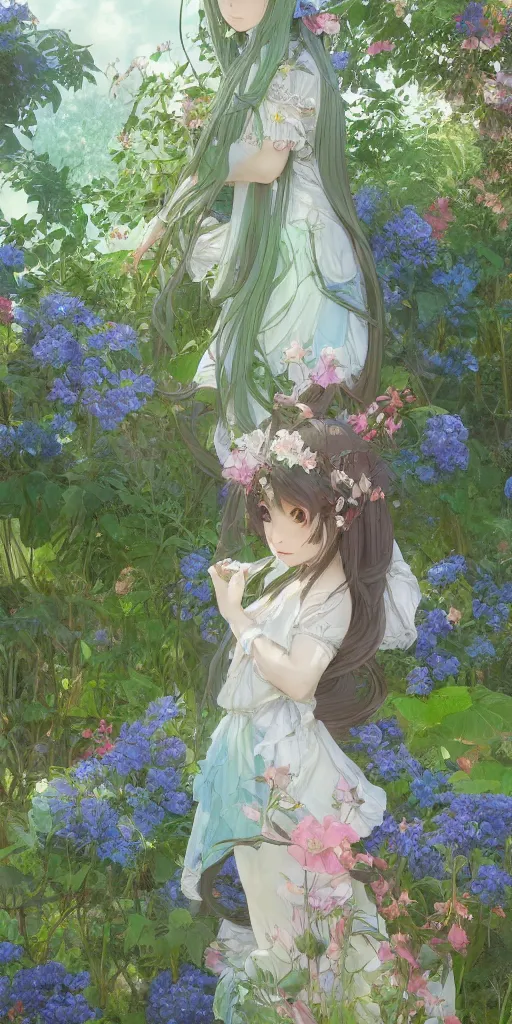 Prompt: a digital art of a loli with long hair in a dress in the privet garden at after noon, green and warm theme, blue flowers accents, back lighting, by krenz cushart and mucha and akihito yoshida and greg rutkowski, highly detailed, 4 k resolution, trending on art station