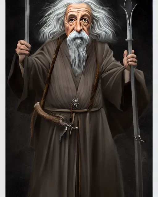 Image similar to Albert Einstein as Gandalf, Lord of the Rings, elegant robe, portrait art, wooden glowing staff, dark fantasy forest, fine details, perfect, 8k high detail, masterpiece, trending on ArtStation