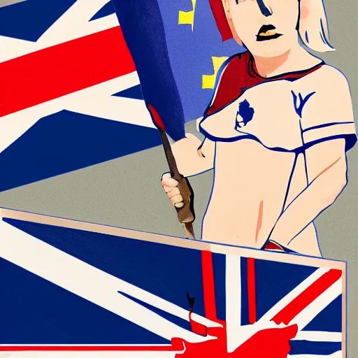 Image similar to a close up portrait of a british bully with a bat in one hand and the brexit flag in the other one, 2d, ultra highly detailed, digital painting, smooth, sharp focus, artstation, pixiv, art by Ilya Kuvshinov