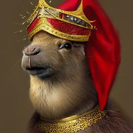 Prompt: detailed photorealistic painting of a capybara wearing a highly detailed ornamented gold crown with diamonds, in a medieval knight armor with red cape , sharp focus in the style of ruan jia, Mandy jurgens, cinematic light, concept art, trending on artstation, ultra realistic