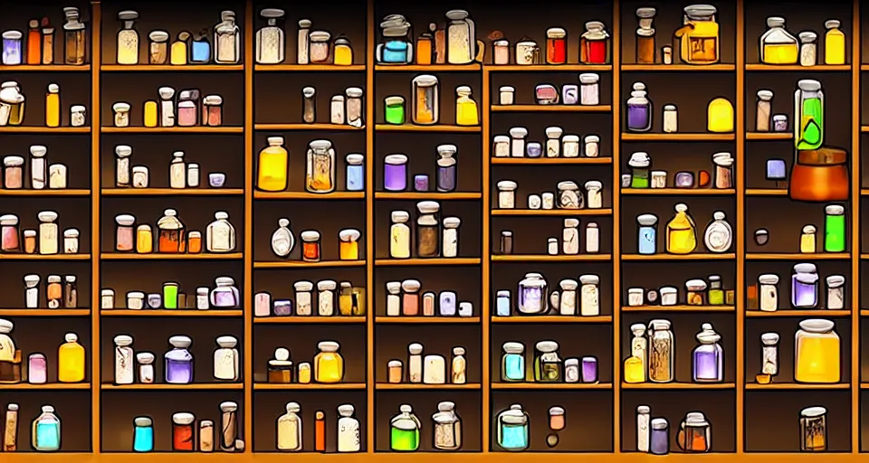 Prompt: a bookshelf of wonderful magical experiments, located in a wizard's shop, full of trinkets and magical potions flasks vials, bubbling liquids, smoking vessels, detailed, 4 k