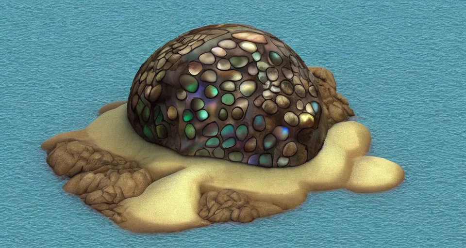 Image similar to giant abalone - shaped seashell house in the ocean, cell shaded, concept art, 3 d