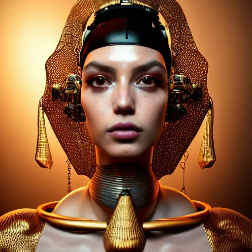 Image similar to portrait of an absurdly beautiful, graceful, sophisticated, fashionable egyptian cyberpunk mechanoid gravure idol, hyperdetailed illustration by irakli nadar, matt wisniewski style, intricate linework, fashion photography, porcelain skin, jellyfish headdress, golden cable necklace, unreal engine 5 highly rendered, radiant light, detailed and intricate environment