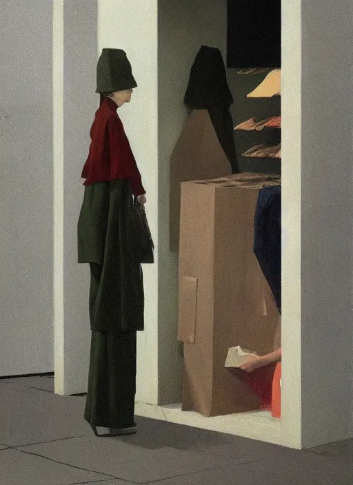 Image similar to woman wearing paper bags for clothes standing inside paper bags at store display Edward Hopper and James Gilleard, Zdzislaw Beksinski, highly detailed