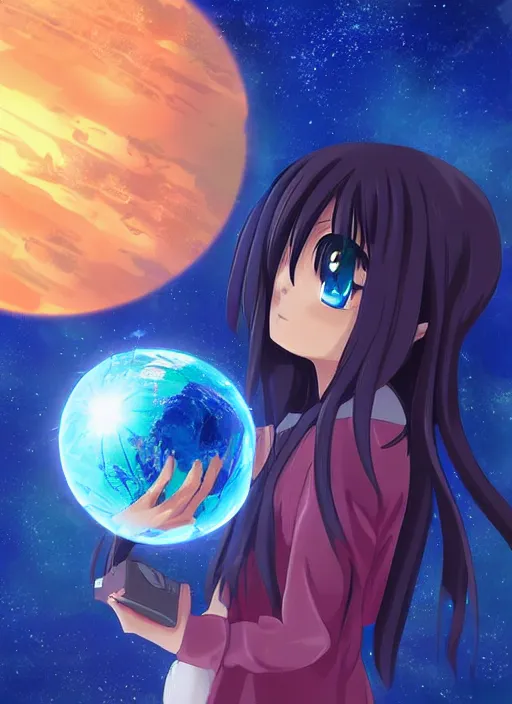 Image similar to an anime in outer space holding a small blue planet in her hands, no other planets, digital art, anime
