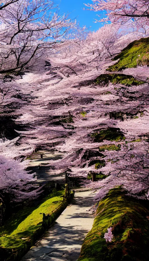 Prompt: a shinto shrine path atop a mountain,spring,cherry trees,beautiful,nature,distant shot,isometric