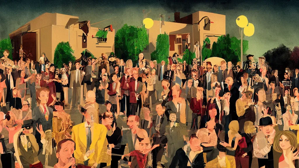 Image similar to An outdoor party, in the style of David Lynch, by Wes Anderson, concept art, artstation