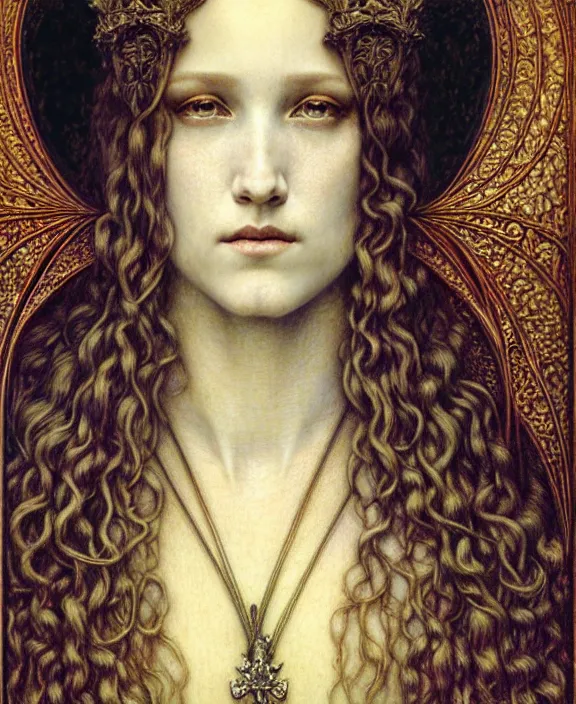 Image similar to detailed realistic beautiful young medieval queen face portrait by jean delville, gustave dore and marco mazzoni, art nouveau, symbolist, visionary, gothic, pre - raphaelite. horizontal symmetry