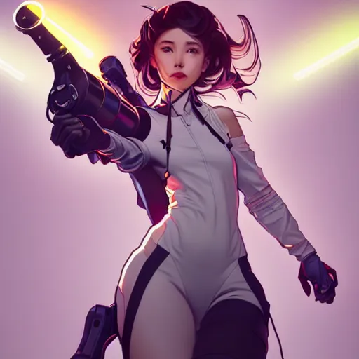 Image similar to a full body character design by artgerm, cushart krenz, ross tran, alphonse mucha. cute mad scientist girl lab coat futuristic huge collosal shoulder cannon rocket bazooka!! bold outline sharp edges. ultra clear detailed. 8 k. elegant, neon colors, dynamic angle, intricate complexity, epic composition, action pose, cinematic lighting masterpiece