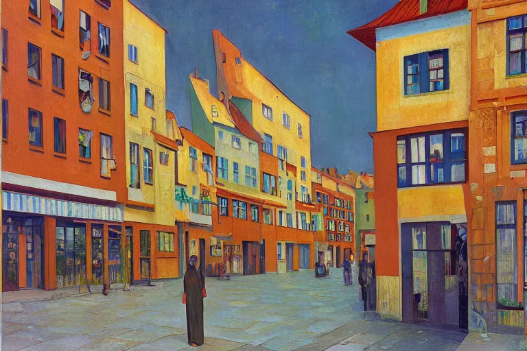 Image similar to unique shops, apartment towers, and cute townhouses along a city street, oil painting by edvard munch, mc escher, stanislaw beksinski, makoto shinkai, jim woodring, aldemir martins, nicholas roerich