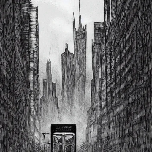 Image similar to dark city bus stop, by kentaro miura,black and white, very detailed, ArtStation