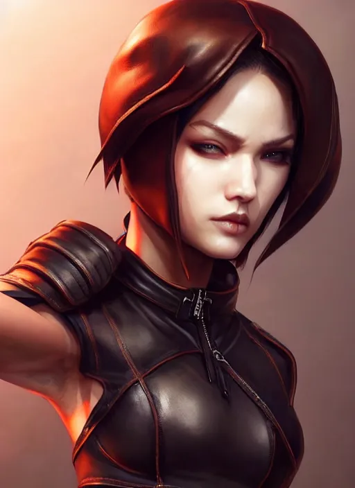 Image similar to rogue, leather bandit outfit!!! beautiful and athletic short hair female!! gorgeous face and eyes!! character concept art, sharp focus, octane render! unreal engine 5! highly rendered!! trending on artstation!! detailed linework!! illustration by artgerm, wlop, and chie yoshii