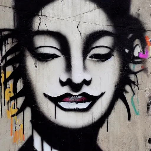 Image similar to graffiti portrait of beautiful female, close up face, by Banksy, trending on Artstation