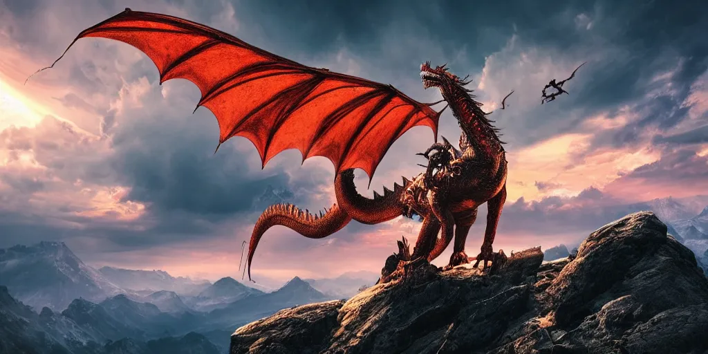Prompt: A impressive single dragon with half open wings breathing fire and standing on the top of a mountain, epic composition, epic lighting, detailed and intricate image, cinematic, 4K