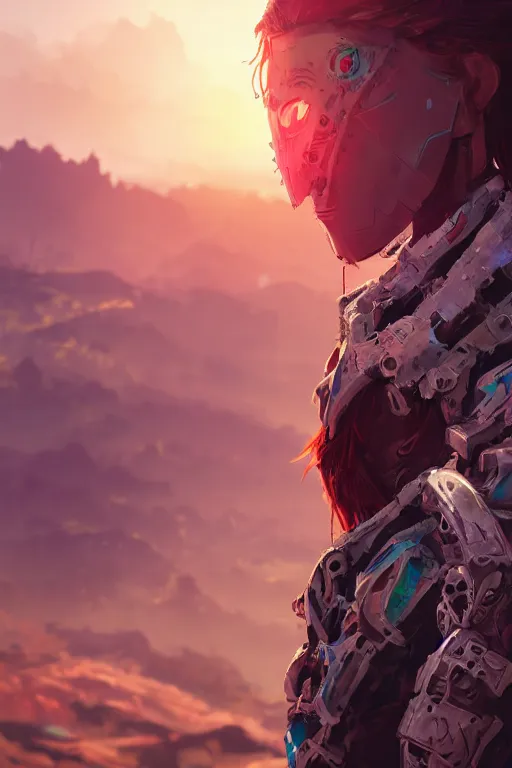 Image similar to combination suit armor aloy horizon forbidden west horizon zero dawn radiating a glowing aura global illumination ray tracing hdr fanart arstation by ian pesty and alena aenami artworks in 4 k tribal robot ninja mask helmet backpack