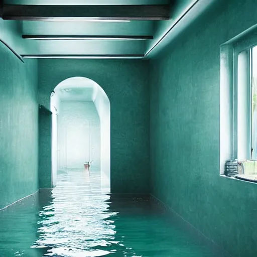 Prompt: a room flooded with blue green water, curved hallway, white ceramic tiles, dark, surreal, liminal,