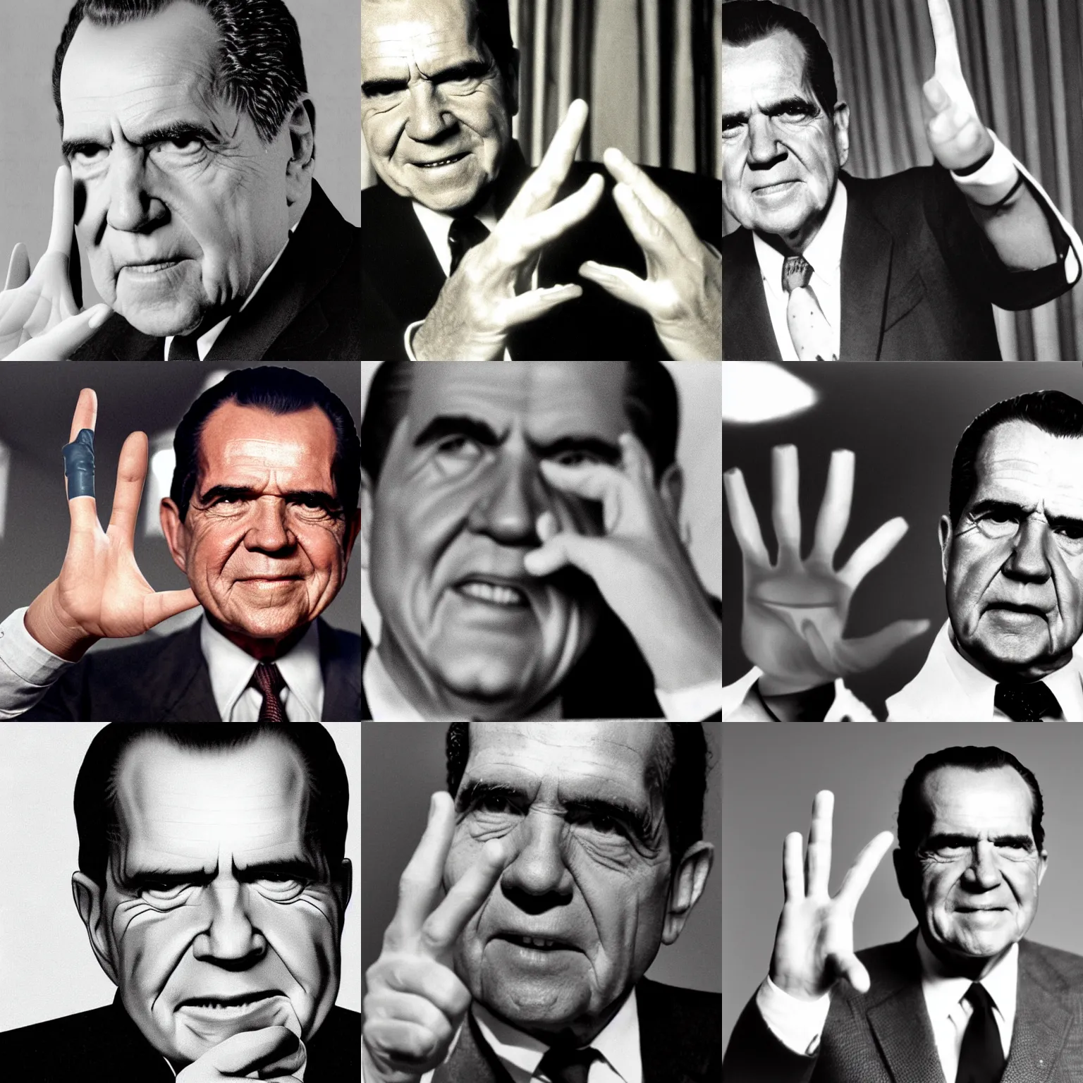 Prompt: extremely detailed and anatomically accurate photograph of richard nixon making a peace sign. award - winning photograph vfx cgi. 3 5 mm shot on 7 0 mm, cinematic still, 8 k, photorealism. designed to help art students learn how to depict human hands correctly. masterpiece. digital art trending on artstation