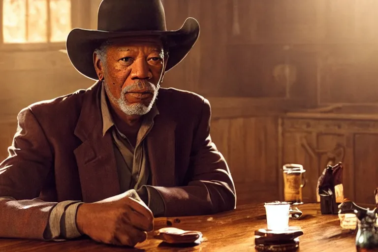 Image similar to a film still of morgan freeman starring as a sheriff in a western movie, sitting in a saloon, dramatic lighting