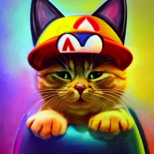 Image similar to A beautiful oil painting of a Kawaii Cat wearing a Super Mario Hat, nintendo, intricate, volumetric lighting, photorealistic, colorful, highly detailed.