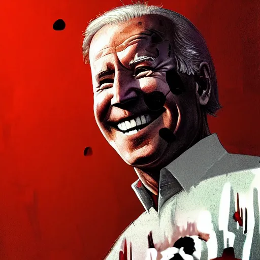 Image similar to joe biden smiling with blood in his face while behind him the world is burning, dramatic lighting, cinematic, establishing shot, extremly high detail, photorealistic, cinematic lighting, artstation, style by James Gurney