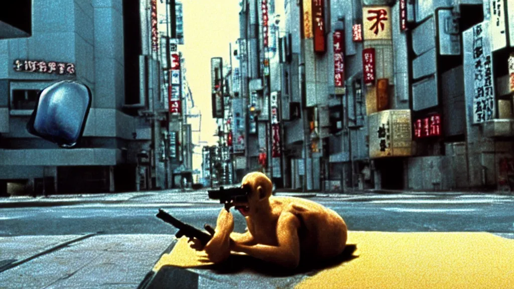 Image similar to a strange creature floating alone on an empty street in downtown Tokyo with a gun, film still from the an anime directed by Katsuhiro Otomo with art direction by Salvador Dalí, wide lens