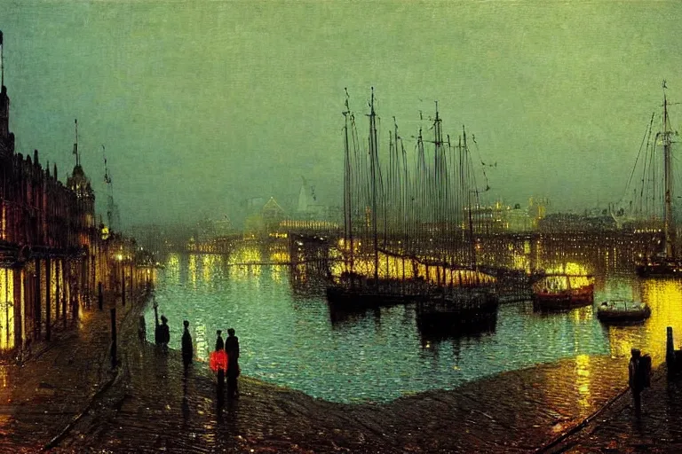 Image similar to victorian harbour night, a beautiful painting by atkinson grimshaw, autumn,