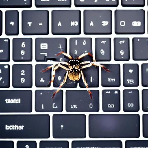 Image similar to a jumping spider, using a computer keyboard, by pixar, macro lens, iridescent