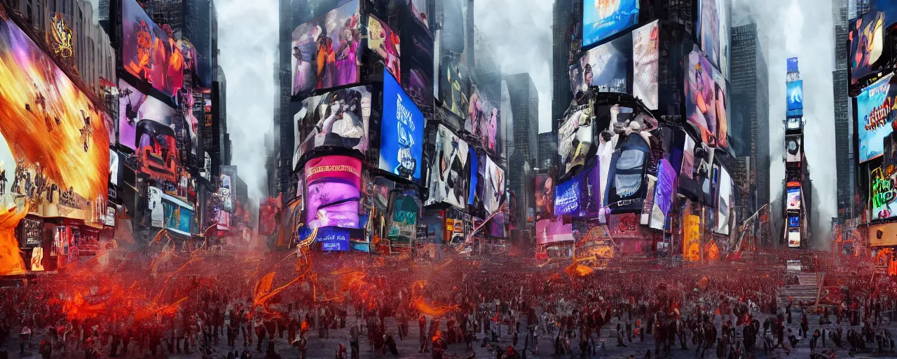 Prompt: 'Deamons unleashed in Times Square' royally decorated, whirling smoke, embers, gold adornements, gilt silk torn fabric, radiant colors, fantasy, trending on artstation, perfect lighting, studio lit, volumetric lighting, micro details, 3d sculpture, István Sándorfi