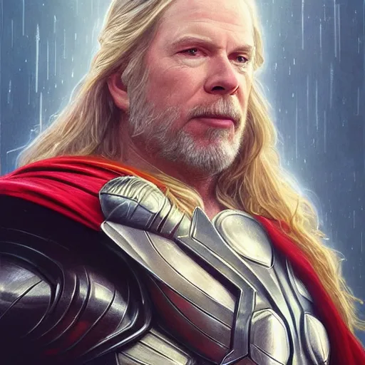 Prompt: portrait of Michael McKean as Thor, elegant, intricate, headshot, highly detailed, digital painting, artstation, concept art, sharp focus, illustration, art by artgerm and greg rutkowski and alphonse mucha