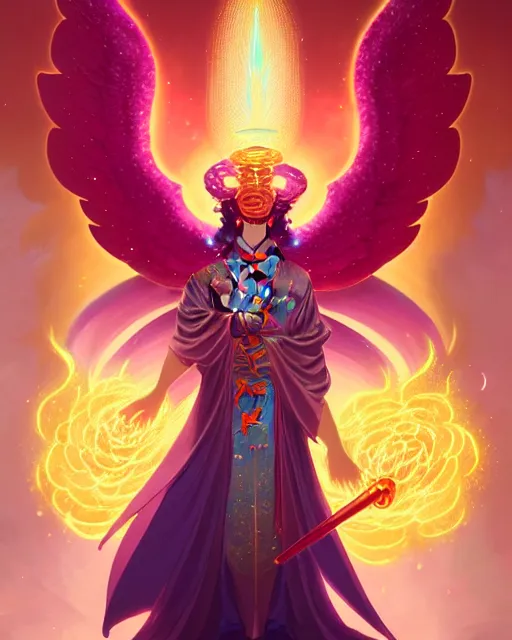 Prompt: a character portrait of only one male angel of justice with golden fiery wings, surrounded with spiriling sparkling rose crystals and galaxies, by peter mohrbacher, hyper light drifter, jim burns, greg rutkowski, in ukiyo - e style trending on artstation