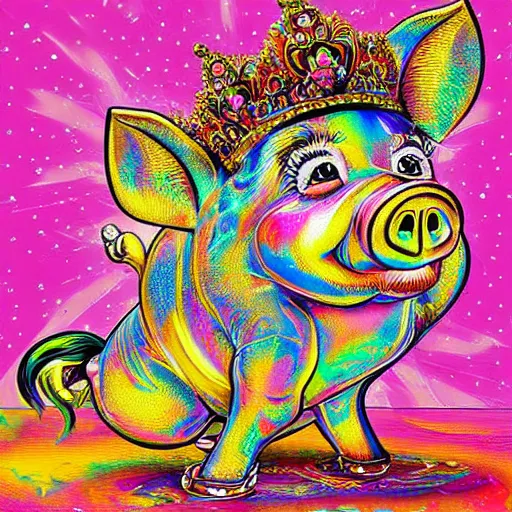 Prompt: lisa frank dancing pig wearing a gold crown painting by android jones