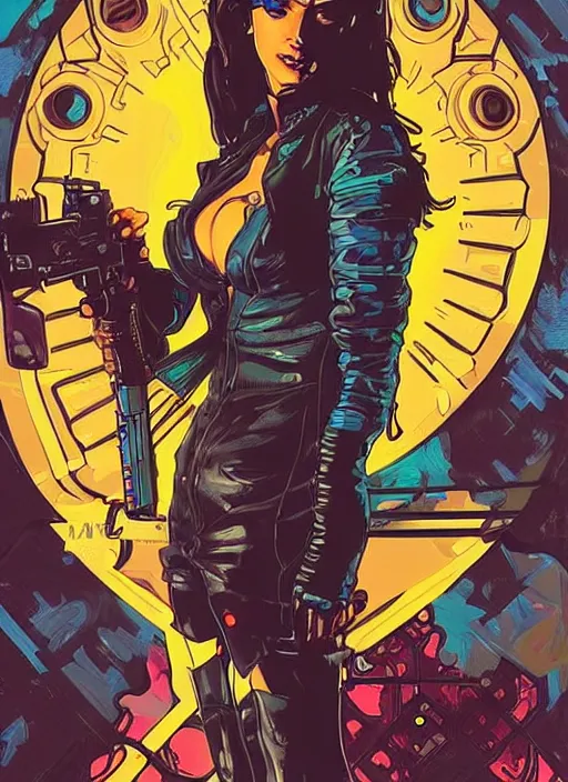 Prompt: maria. cyberpunk mercenary in scenic setting. portrait illustration, pop art, splash painting, art by ashley wood, alphonse mucha, laurie greasley and josan gonzales