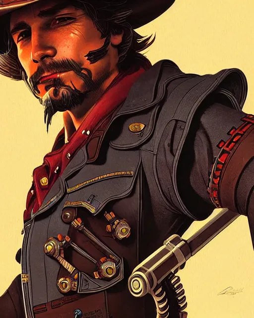 Image similar to mccree from overwatch, character portrait, portrait, close up, concept art, intricate details, highly detailed, vintage sci - fi poster, retro future, in the style of chris foss, rodger dean, moebius, michael whelan, and gustave dore