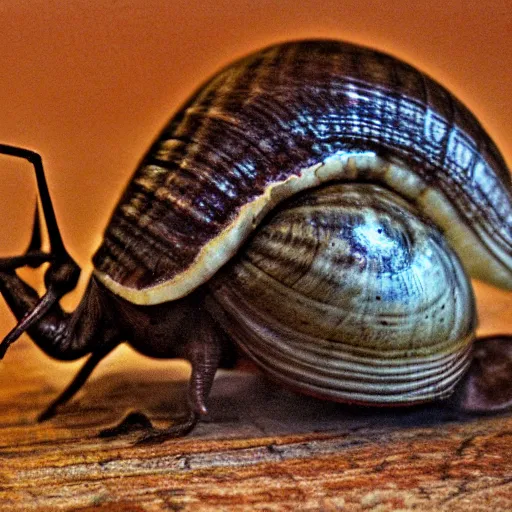 Prompt: snail made of sadness, dark, detailed, rustic, eerie, award winning