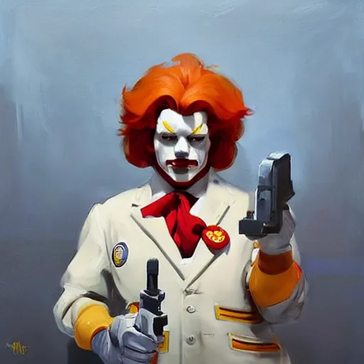 Image similar to greg manchess portrait painting of ronald mcdonald as overwatch character, medium shot, asymmetrical, profile picture, organic painting, sunny day, matte painting, bold shapes, hard edges, street art, trending on artstation, by huang guangjian and gil elvgren and sachin teng