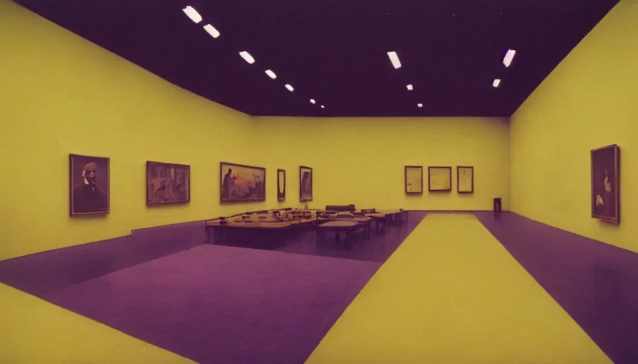 Prompt: 60s movie still of a sovietic stalinist style empty art museum with a soviet congress with yellow wall, by LOMOCHROME PURPLE FILM 100-400 35MM, liminal Space style, heavy grain