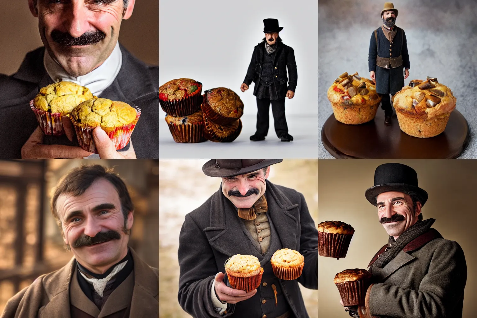 Prompt: daniel plainview smiling and juggling muffins, highly detailed, 4 k photography, great quality,