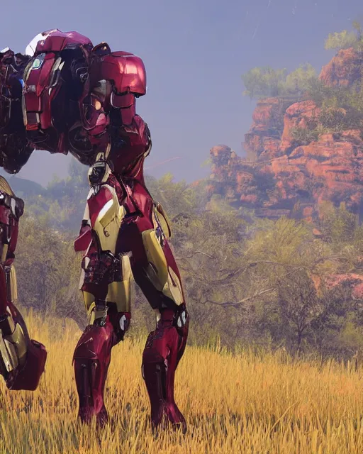 Image similar to iron man styled mech suit in red dead redemption 2, cinematic, photorealistic