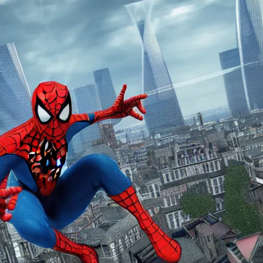 Image similar to spiderman in london, 8 k, cryengine