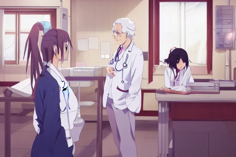 Image similar to a cute young female doctor wearing white coat are talking with an old surgeon in a hospital, slice of life anime, lighting, anime scenery by Makoto shinkai