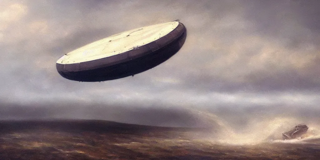 Prompt: an oil painting of a hovercraft emerging from a dust stormm