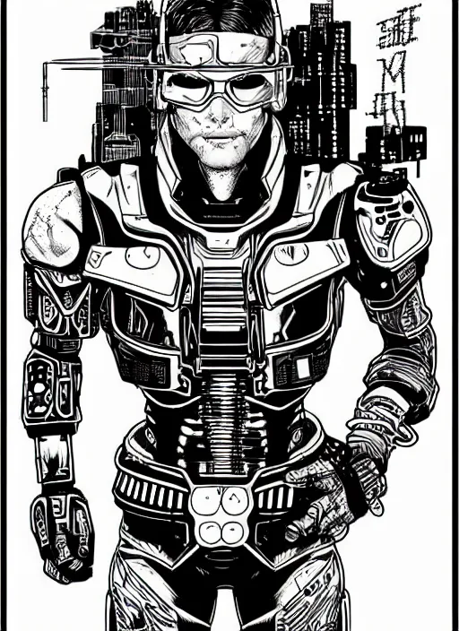 Image similar to cyborg hunter, portrait, cyberpunk 2 0 2 0 manual, by steampoweredmikej, inktober, ink drawing, black and white, coloring pages, manga, highly detailed