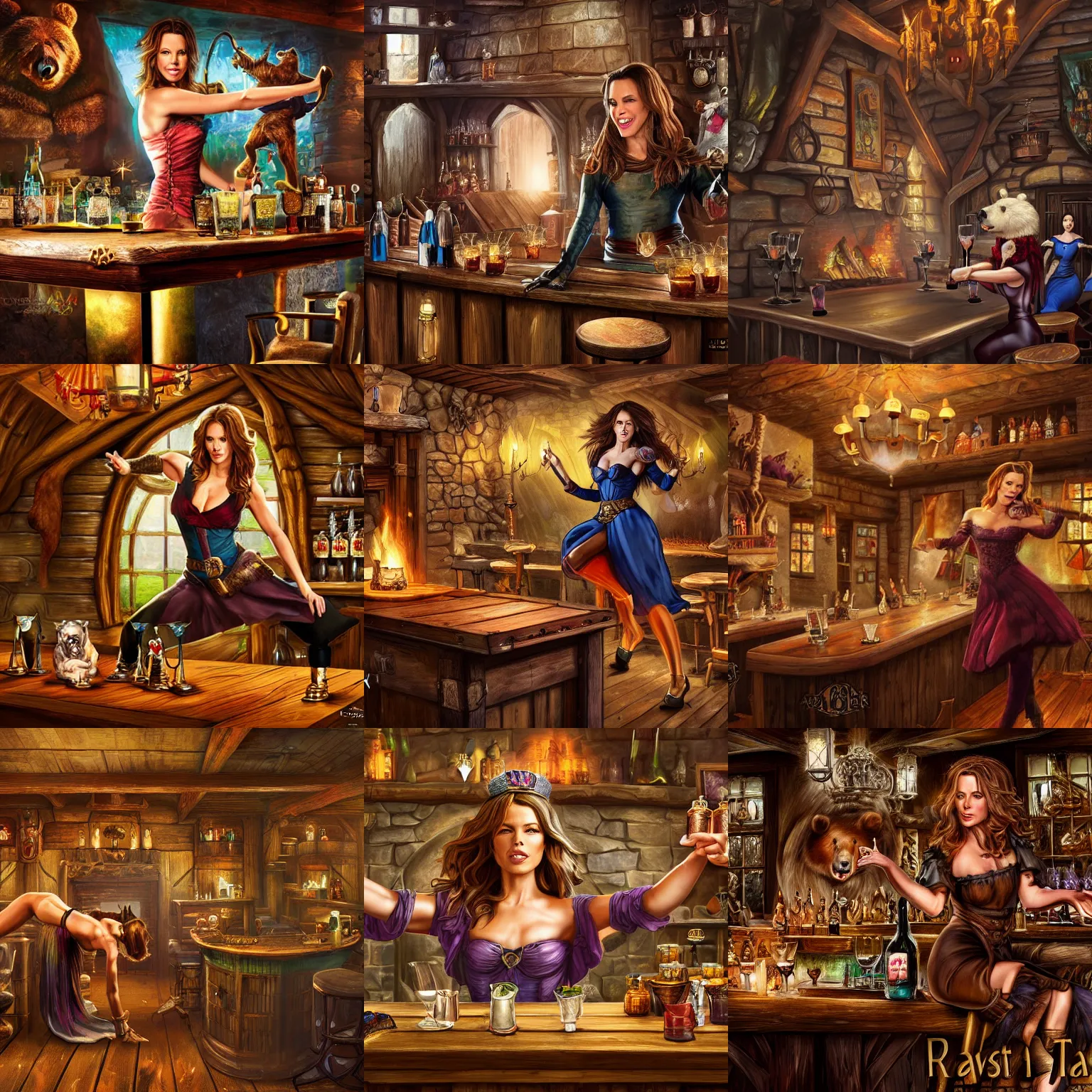 Prompt: kate beckinsale dancing on top of table, in fantasy tavern near fireplace, behind bar deck with bear mugs, medieval dnd, colorfull digital fantasy art, 4k