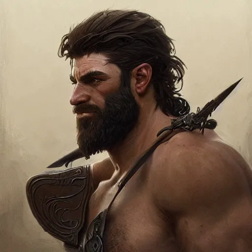 Image similar to portrait of a gruff ranger, Cain, muscular, hairy body, intricate, elegant, highly detailed, digital painting, artstation, concept art, matte, sharp focus, illustration, art by Artgerm and Greg Rutkowski and Alphonse Mucha