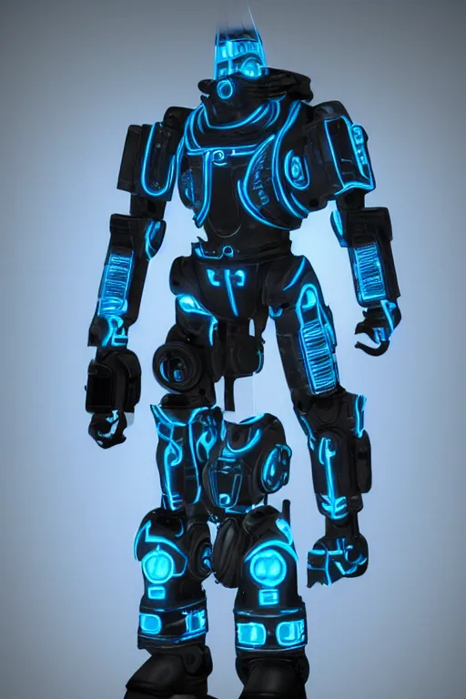 Prompt: highly detailed tron themed fallout 4 power armor, realistic cgi render, unreal engine,