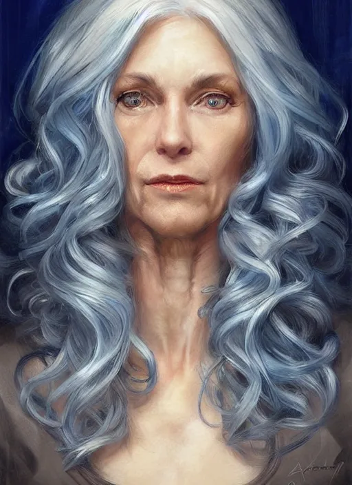 Prompt: portrait of a 5 5 years old woman with long curly brown and white hair and blue eyes, beautiful painting by artgerm and greg rutkowski