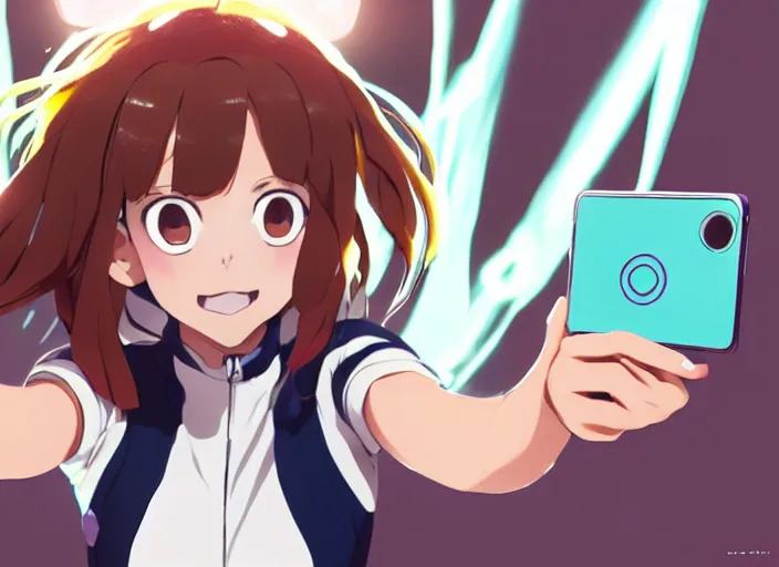 Image similar to closeup portrait of ochaco uraraka from my hero academia taking a selfie with her shoe collection, comfy, lofi, gentle, anime, intricate, sharp focus, lens flare, bloom, illustration, highly detailed, digital painting, concept art, matte, art by ruan jia and wlop and greg rutkowski, masterpiece